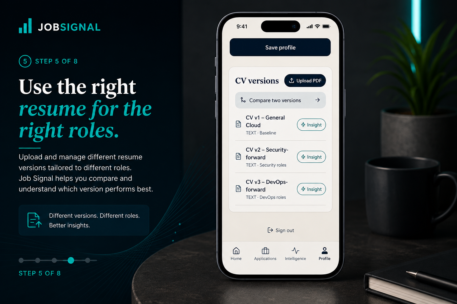 Job Signal CV versions screen listing three CV variants with a compare action.