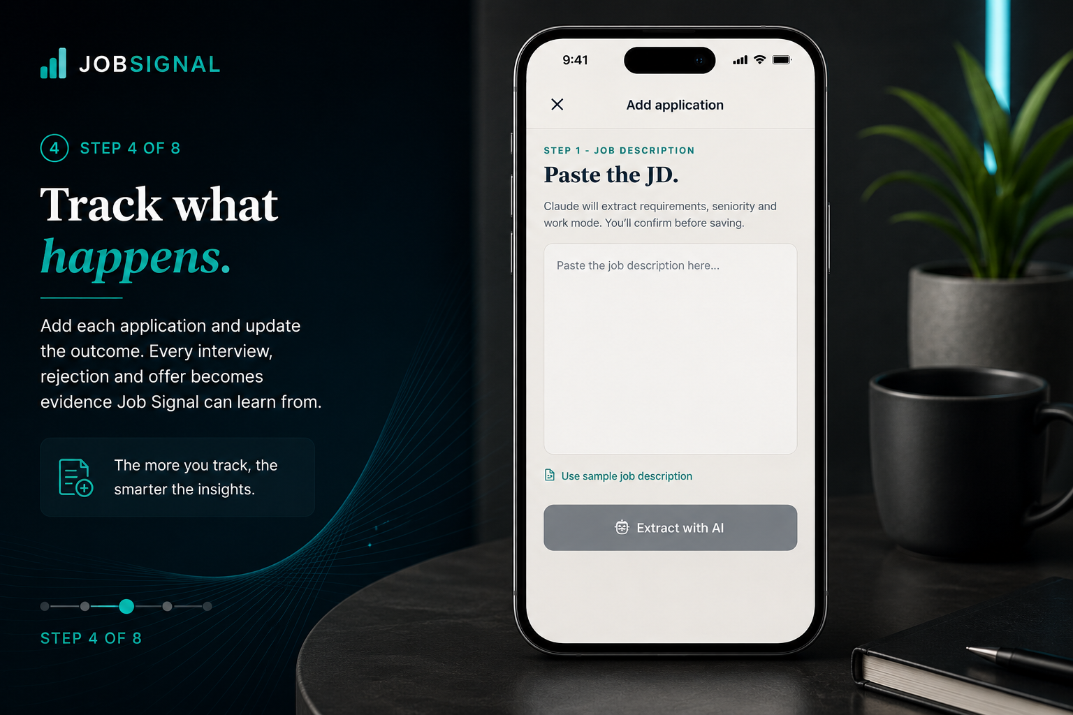 Job Signal add-application screen: paste the job description, then extract structured details with AI.
