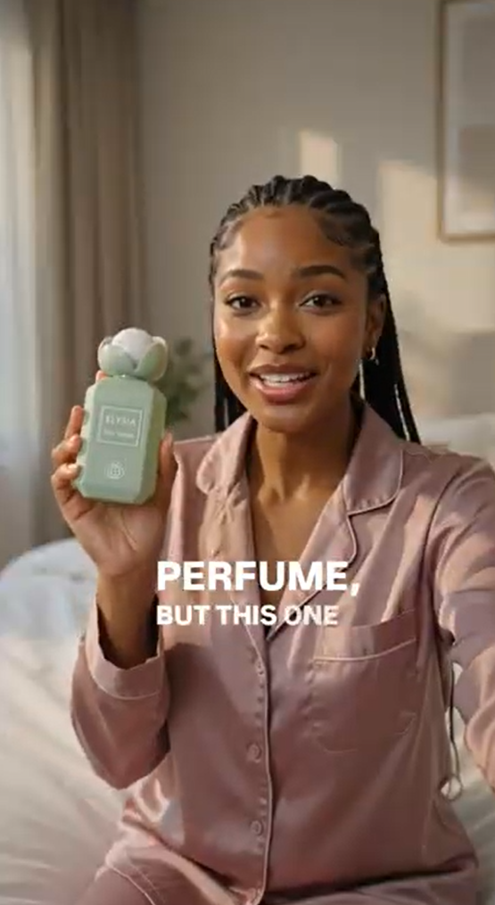 The AI influencer holding the product to camera in a vertical UGC-style campaign frame.