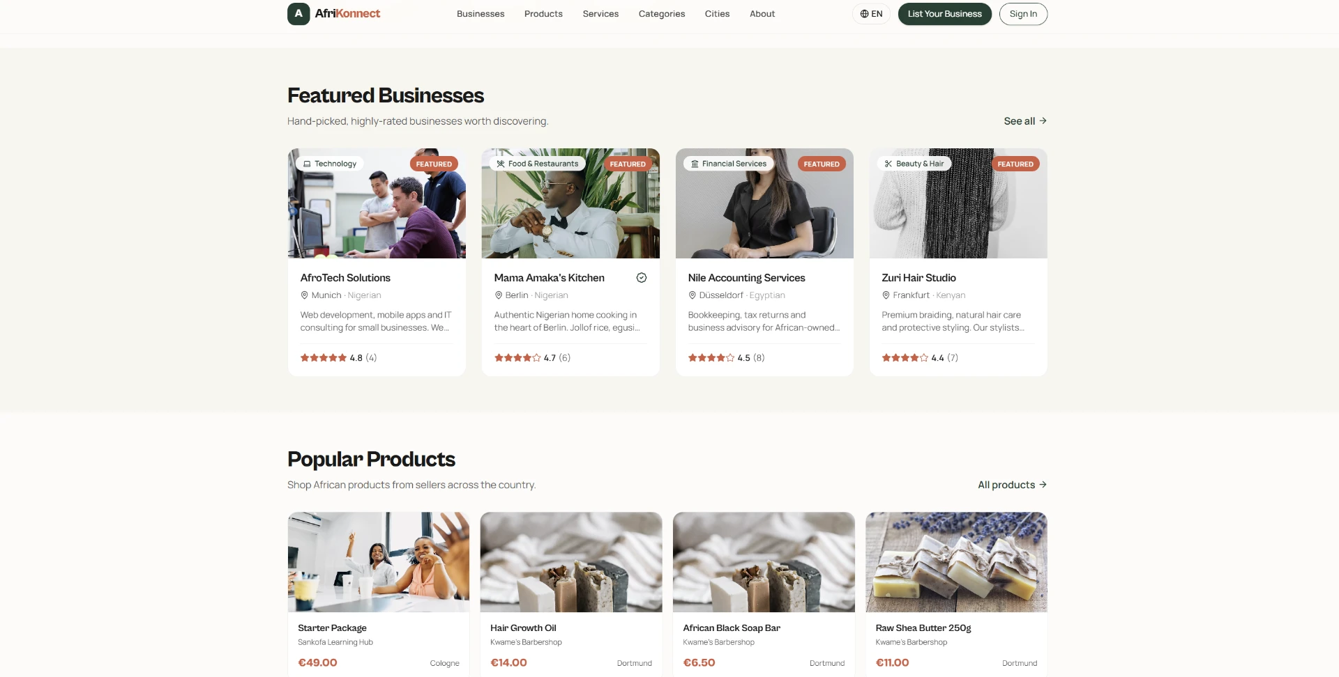 AfriKonnect Featured Businesses and Popular Products sections showing business cards with location, category and ratings, and product cards with prices.