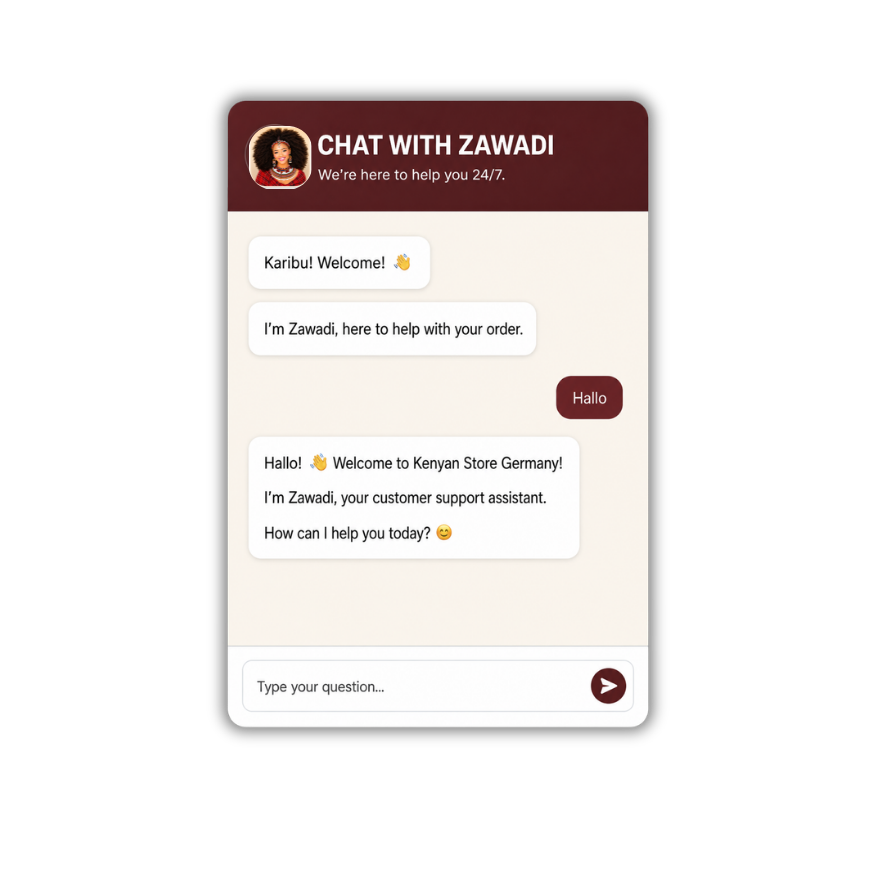 The Zawadi AI support chat widget interface with a branded welcome message and customer greeting.