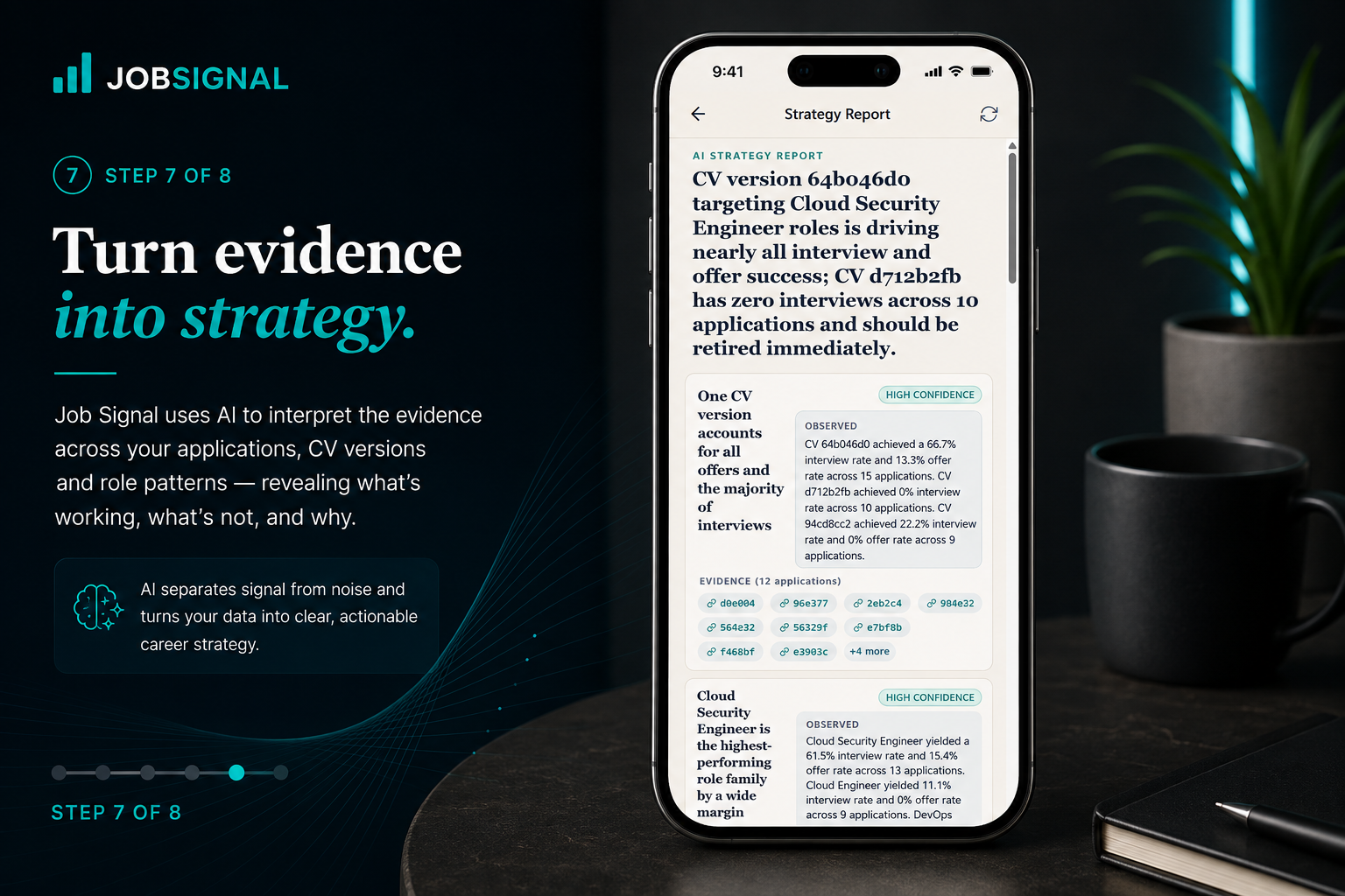 Job Signal AI strategy report linking findings to the specific applications that support them.