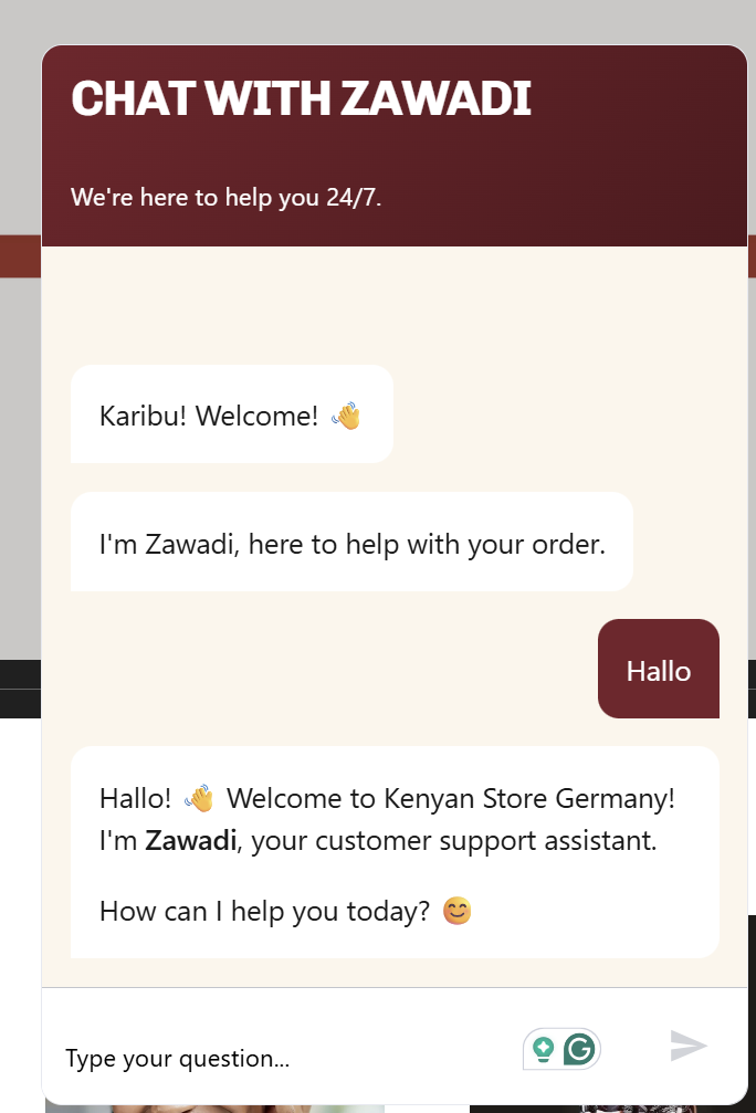 The Zawadi AI support chat widget open on the live Kenyan Store Deutschland ecommerce website.