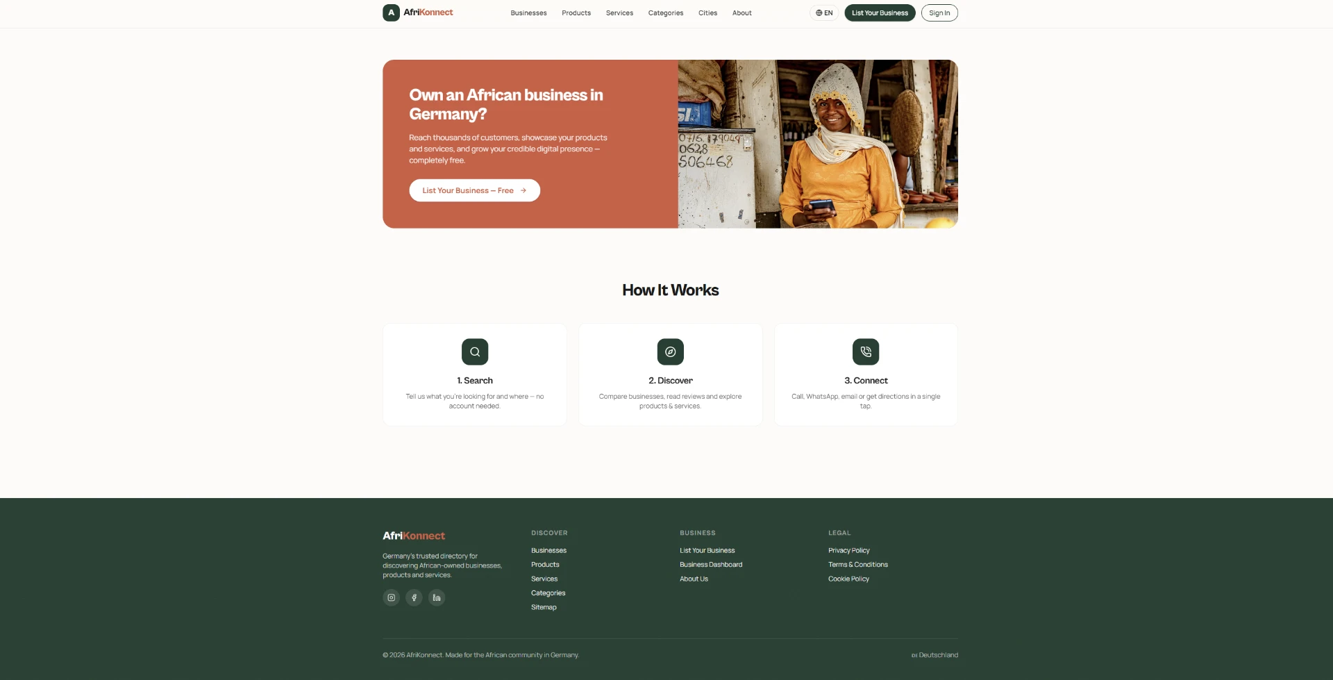 AfriKonnect business-owner banner inviting owners to list their business for free, above a How It Works section with Search, Discover and Connect steps.