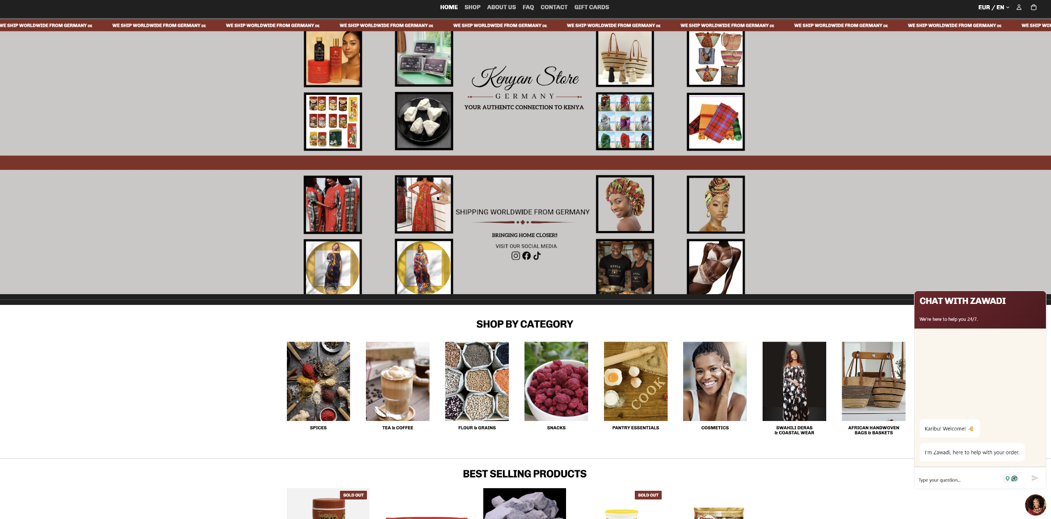 Kenyan Store Deutschland storefront with the Zawadi chat widget open on the right.